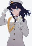  1girl aiguillette alternate_costume bangs black_hair blue_eyes breasts closed_mouth commentary_request cup drink gloves gridman_universe hat highres holding holding_cup lensu_(lotus36936936) long_hair long_sleeves looking_at_viewer military military_hat military_uniform peaked_cap smile solo ssss.gridman straight_hair takarada_rikka uniform white_gloves white_headwear 