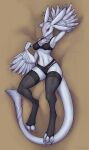  3_toes 4_ears anthro avali bed_sheet bedding breasts clothing dessous dragon feathered_arms feathered_dragon feathers feet female hi_res legwear looking_at_viewer multi_ear naaka navel non-mammal_breasts red_eyes solo stockings tail_feathers toes wings 
