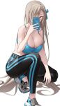  1girl alternate_costume asuna_(blue_archive) bangs bare_shoulders black_leggings black_pants blue_archive blue_eyes blue_ribbon blue_sports_bra blush breasts cellphone cleavage collarbone commentary duplicate hair_over_one_eye hair_ribbon highres holding holding_phone k_pring large_breasts leggings light_brown_hair long_hair looking_at_viewer mole mole_on_breast pants phone pixel-perfect_duplicate ribbon selfie shoes smartphone sneakers solo sports_bra sportswear squatting sweat tight tight_pants very_long_hair yoga_pants 