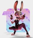  absurd_res anthro big_ears bow_tie breasts camel_toe clothing crouching cuffs_(clothing) dialogue disney female grey_body gun handgun hi_res judy_hopps lagomorph leather leather_clothing leotard leporid mammal pistol pochemu purple_eyes rabbit ranged_weapon slim small_breasts solo speech_bubble toeless_legwear toeless_stockings weapon zootopia 