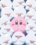  :o blue_background blue_eyes blush blush_stickers boo_(mario) closed_mouth commentary_request covering_face frown full-face_blush full_body ghost highres kirby kirby_(series) looking_at_viewer mario_(series) miclot no_humans parted_lips pink_footwear shoes shy wavy_mouth 