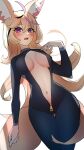  1girl animal_ear_fluff animal_ears biker_clothes bikesuit blonde_hair blush bodysuit breasts breasts_apart center_opening cowboy_shot curvy fox_ears fox_girl fox_tail from_below hair_between_eyes highres hololive long_hair looking_at_viewer medium_breasts multicolored_hair narrow_waist navel open_mouth purple_eyes simple_background streaked_hair tail unzipped very_long_hair white_background wide_hips yuuppi zipper_pull_tab 