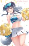  1girl bangs bare_shoulders black_hair blue_archive blue_eyes blush breasts cheerleader cleavage clothes_writing commentary_request cowboy_shot crop_top facial_mark goggles goggles_on_head halo hibiki_(blue_archive) highres holding holding_pom_poms large_breasts looking_at_viewer midriff miniskirt navel pom_pom_(cheerleading) sebu_illust simple_background skirt solo stomach thighs white_background white_skirt 