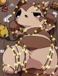  2022 biped blush bodily_fluids brown_body brown_fur christmas_lights detailed_background duo feral fur furret generation_2_pokemon generation_5_pokemon hi_res joltik ke_mo_suke kemono lying nintendo pokeball pokemon pokemon_(species) tears video_games 