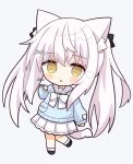  1girl :o animal_ear_fluff animal_ears black_bow black_footwear blue_sweater blush_stickers bow cat_ears cat_girl cat_tail chibi commentary_request diagonal_stripes full_body grey_background hair_bow hair_ornament hairclip hand_up heart highres long_hair long_sleeves looking_at_viewer nakkar original parted_lips pleated_skirt puffy_long_sleeves puffy_sleeves sailor_collar school_uniform serafuku shoes signature skirt sleeves_past_wrists socks solo standing standing_on_one_leg striped striped_background sweater tail twintails very_long_hair white_hair white_sailor_collar white_skirt white_socks x_hair_ornament yellow_eyes 