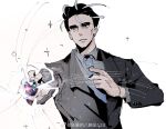  1boy black_eyes black_hair black_jacket blue_hair blue_necktie closed_mouth collared_shirt formal grey_shirt jacket kangkang114514 larry_(pokemon) long_sleeves looking_at_object male_focus multicolored_hair necktie pokemon pokemon_(game) pokemon_sv shirt short_hair simple_background solo suit thick_eyebrows two-tone_hair upper_body white_background 