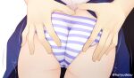  1girl 1other ass ass_focus ass_grab blue_skirt close-up commentary_request fate/extra fate_(series) haryuu_(poetto) highres out_of_frame panties pleated_skirt simple_background skirt speed_lines striped striped_panties tail tamamo_(fate) tamamo_no_mae_(fate/extra) trembling twitter_username underwear white_background 