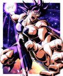  1boy armor bardock black_hair bleeding blood blood_on_face bodysuit broken broken_armor bruise cuts dragon_ball dragon_ball_z dragon_ball_z_dokkan_battle highres incoming_attack injury ki_blast male_focus monkey_tail open_mouth saiyan saiyan_armor sekitsuki_hayato spiked_hair tail teeth torn_bodysuit torn_clothes 