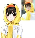  1girl absurdres animification bangs black_hair blush brown_eyes duck_hood h4im_o highres hood hood_up lisis_(iwtpz) looking_at_viewer original photo_inset pout raglan_sleeves real_life shiny shiny_hair shirt solo upper_body white_background white_shirt 