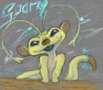  2022 4_fingers alien ambiguous_gender antennae_(anatomy) blep blue_eyes brown_nose character_name colored_sketch dipstick_tail disney electricity english_text experiment_(lilo_and_stitch) fingers forked_antennae grey_background hi_res lilo_and_stitch long_antennae looking_at_viewer male_(lore) markings simple_background sketch smile smiling_at_viewer solar-lens solo sparky_(lilo_and_stitch) tail_markings teal_tongue text tongue tongue_out white_body yellow_body 