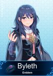  1girl absurdres bangs black_shirt blue_background blue_hair bracer breasts byleth_(fire_emblem) byleth_(fire_emblem)_(female) character_name clothing_cutout commentary_request fire_emblem fire_emblem:_three_houses hand_up highres jewelry large_breasts long_hair looking_at_viewer namu_(112namu) navel navel_cutout purple_eyes ring shirt smile solo upper_body 