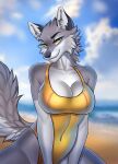  2022 anthro beach big_breasts biped breasts canid canine canis cheek_tuft cleavage clothed clothing cloud countershade_face countershade_fur countershade_torso countershading digital_media_(artwork) eyebrows eyelashes facial_tuft female fur grey_body grey_fur hi_res inner_ear_fluff mammal navel_outline novery one-piece_swimsuit outside sand sea seaside shaded sky solo swimwear tuft water white_body white_countershading white_fur wolf yellow_clothing yellow_eyes yellow_swimwear 