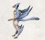  anthro avian balls beak blue_body blue_feathers erection feathered_wings feathers foreskin full-length_portrait genitals head_tuft hi_res humanoid_genitalia humanoid_penis leg_markings male markings navel nude open_mouth penis portrait simple_background socks_(marking) solo standing teeth tuft unsigned upai vein veiny_penis winged_arms wings 
