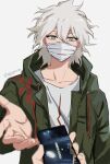  1boy 1other artist_name bangs boleum_(dgrpluna) collarbone danganronpa_(series) danganronpa_2:_goodbye_despair green_jacket grey_hair hair_between_eyes highres holding holding_phone jacket komaeda_nagito male_focus mask messy_hair mouth_mask open_clothes open_jacket phone pov print_shirt shiny shiny_hair shirt solo_focus upper_body white_shirt 