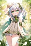  1girl :d arm_up bangs blush bubble commentary_request cross-shaped_pupils dress genshin_impact green_eyes green_hair grey_hair hair_between_eyes highres long_hair looking_at_viewer mauve multicolored_hair nahida_(genshin_impact) petals pointy_ears short_shorts shorts shorts_under_dress side_ponytail sleeveless sleeveless_dress smile solo standing standing_on_one_leg streaked_hair symbol-shaped_pupils white_dress white_shorts 
