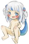  5_toes accessory adult_(lore) animal_humanoid barefoot blue_highlights blush breasts doneru fangs feet female fish fish_humanoid gawr_gura genitals hair hair_accessory hairpin hi_res highlights_(coloring) hololive hololive_en humanoid humanoid_feet looking_at_viewer marine marine_humanoid multicolored_hair navel nipples nude pussy shark_humanoid simple_background sitting small_breasts smile solo toes virtual_youtuber vtuber white_hair young 