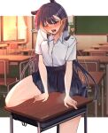  1girl absurdres blush chair chalkboard crotch_rub dress_shirt drooling heart heavy_breathing highres hololive hololive_english keisea long_hair masturbation ninomae_ina&#039;nis one_eye_closed open_mouth pointy_ears purple_hair pussy_juice school_uniform shirt skirt solo steam sweat table_sex tentacle_hair virtual_youtuber window 