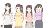  4girls :&lt; :| adidas akao_hikaru artist_name bangs black_eyes black_hair black_skirt blue_pants blunt_bangs bracelet brand_name_imitation brown_eyes brown_hair brown_pants character_name clenched_hands closed_mouth clothes_writing collarbone commentary_request cowboy_shot frown gochisousama_(tanin050) grey_skirt half-closed_eyes half_updo hands_up high-waist_pants high-waist_skirt highres hoshimori_sana izawa_mikako jewelry light_blush long_hair looking_at_viewer looking_away medium_hair mole mole_under_mouth multiple_girls pants parted_lips photo-referenced pink_shirt purple_shirt real_life shirt short_sleeves side_ponytail simple_background skirt solid_circle_eyes standing striped striped_skirt takahashi_karin triangle_mouth twintails vertical-striped_skirt vertical_stripes very_long_hair voice_actor white_background white_shirt yellow_shirt 