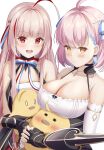  2girls :d azur_lane bangs bare_shoulders blunt_bangs blush breasts cleavage closed_mouth collarbone commentary_request highres looking_at_viewer manjuu_(azur_lane) multiple_girls open_mouth sidelocks simple_background smile standing tartu_(azur_lane) upper_body vauquelin_(azur_lane) white_background yorumon 