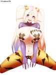  1girl alternate_costume animal_print bat_print blonde_hair breasts cerestia_of_life cross_pasties elbow_gloves elf fangs forehead_jewel gloves hair_bobbles hair_ornament highres huge_breasts last_origin long_hair long_pointy_ears navel_piercing open_mouth orange_pantyhose orangegoon pantyhose pasties piercing pointy_ears purple_eyes purple_gloves shrug_(clothing) simple_background smile solo twitter_username very_long_hair white_background 