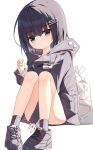  1girl backpack bag bangs between_legs black_footwear black_hair black_jacket black_socks closed_mouth grey_eyes hair_between_eyes hair_ornament hairclip hand_between_legs jacket knees_up long_sleeves looking_at_viewer original pigeon-toed shiho_(yuuhagi_(amaretto-no-natsu)) shoes simple_background sitting sleeves_past_wrists socks solo white_background yuuhagi_(amaretto-no-natsu) 