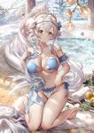  1girl 77gl bangs bare_shoulders bikini blue_bikini blush breasts cleavage collarbone elf hairband high_ponytail kneeling large_breasts long_hair looking_at_viewer navel piashi pointy_ears shingeki_no_bahamut sidelocks solo swimsuit thighs tiara very_long_hair white_hair 