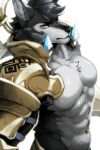  absurd_res anthro archermagnum armor big_muscles black_body blue_hair canid canine canis hair hi_res male mammal muscular muscular_anthro muscular_male solo tlzn01 weapon white_body wolf 