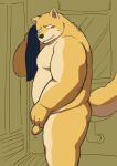  2022 anthro belly blush canid canine canis domestic_dog genitals hi_res humanoid_genitalia humanoid_hands humanoid_penis kemono kick_(artist) male mammal moobs overweight overweight_male penis solo 