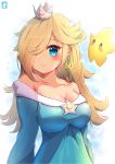  1girl arms_behind_back artist_logo bangs bare_shoulders blonde_hair blue_eyes breasts chinchongcha cleavage closed_mouth collarbone crown dot_nose dress earrings english_commentary hair_over_one_eye highres jewelry long_hair long_sleeves looking_at_viewer luma_(mario) mario_(series) medium_breasts mini_crown nintendo off-shoulder_dress off_shoulder parted_bangs puffy_long_sleeves puffy_sleeves rosalina shadow solo sparkle split_mouth super_mario_galaxy upper_body 