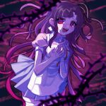  1girl :d absurdres apron bandaged_leg bandages bangs barbed_wire blush breasts collared_shirt danganronpa_(series) danganronpa_2:_goodbye_despair hands_up highres hitosaji large_breasts leaning_forward long_hair messy_hair multicolored_background pink_background pink_shirt pleated_skirt puffy_short_sleeves puffy_sleeves red_eyes shiny shiny_hair shirt short_sleeves skirt smile solo sweat teeth tsumiki_mikan two-tone_shirt upper_teeth white_apron white_shirt 