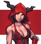  1girl alternate_eye_color black_hair black_horns breasts bustier cleavage collarbone detached_hood english_commentary frilled_gloves frills gloves han_juri highres horns horns_through_hood large_breasts lips looking_at_viewer muscular muscular_female official_alternate_costume red_eyes red_gloves red_hood short_hair skull_print sleeveless smile solo street_fighter street_fighter_v upper_body vj99 