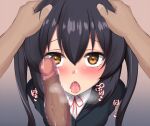  1boy 1girl after_fellatio bangs black_hair black_suit blush brown_eyes close-up closed_mouth cum cum_in_mouth ebon formal head_grab hetero k-on! long_hair looking_at_viewer nakano_azusa oral penis penis_on_face pov red_ribbon ribbon sakuragaoka_high_school_uniform saliva school_uniform shirt solo_focus suit tongue tongue_out translation_request twintails white_shirt 