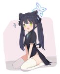  1girl :d absurdres animal_ears ass bangs black_dress black_hair blue_archive blunt_bangs bow china_dress chinese_clothes commentary_request dress green_eyes groin hair_between_eyes hair_bow hair_ornament hair_ribbon halo highres long_hair looking_at_viewer patanda ribbon short_sleeves shun_(blue_archive) shun_(small)_(blue_archive) sidelocks simple_background sitting smile solo thighhighs tiger_ears tiger_girl twintails two-tone_background wariza white_thighhighs 