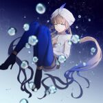  1boy artist_name blue_eyes bubble captain_nemo_(fate) fate/grand_order fate_(series) gradient_hair high_heels highres long_hair male_focus multicolored_hair nemo_(fate) shorts turban twintails underwater waterstaring 