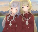  2girls arms_at_sides assault_lily bangs belt belt_buckle bench blonde_hair blunt_bangs blurry blurry_background blush braid breasts brown_sailor_collar buckle closed_eyes closed_mouth cloud commentary_request evening grey_hair hair_ribbon heads_together high-waist_skirt highres imu_(2011imuru) kanba_girls_high_school_uniform kon_kanaho long_hair long_sleeves looking_at_another looking_to_the_side medium_breasts miyagawa_takane multiple_girls necktie on_bench outdoors power_lines purple_eyes purple_ribbon red_belt red_shirt red_skirt ribbon sailor_collar school_uniform serafuku shirt short_necktie side-by-side side_braid sidelocks sitting skirt skyline smile upper_body very_long_hair white_necktie 