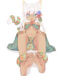  1girl :o animal_ears ankle_cuffs bare_shoulders barefoot bodypaint braid breasts cat_ears cat_girl chaosexceed dark_skin feet foot_focus full_body green_eyes grey_hair looking_at_viewer midriff navel on_floor original pelvic_curtain sitting soles tan toes twin_braids underboob white_hair 