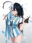  1girl 2022_fifa_world_cup absurdres ahoge argentina argentinian_flag artist_name black_hair blue_hair blue_nails breasts confetti facepaint flag hair_between_eyes highres holding holding_flag indie_virtual_youtuber large_breasts long_hair looking_at_viewer momote momote_(vtuber) multicolored_hair naked_shirt no_pants open_mouth red_eyes shirt short_sleeves smile soccer soccer_uniform solo split-color_hair sportswear streaked_hair t-shirt two-tone_hair two_side_up v-shaped_eyebrows very_long_hair virtual_youtuber white_hair world_cup 
