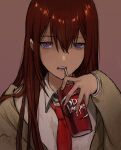  1girl asobo_u bag brown_background brown_hair can collared_shirt dr_pepper drinking drinking_straw hair_between_eyes half-closed_eyes holding holding_can long_hair long_sleeves looking_at_viewer makise_kurisu necktie open_mouth purple_eyes red_necktie shiny shiny_hair shirt simple_background sketch solo steins;gate straight_hair upper_body white_shirt wing_collar 