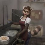  2022 anthro apron clothed clothing digital_media_(artwork) eyes_closed female fish food fur hair happy hi_res holding_object hootingfish kitchen laugh mammal marine open_mouth open_smile procyonid raccoon shirt smile solo standing t-shirt topwear 