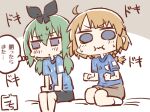  2022_fifa_world_cup 2girls :i artist_name assault_lily bangs bed_sheet black_bow black_shorts blue_eyes blue_shirt blush bow braid braided_ponytail brown_background brown_shorts chibi clenched_hands commentary futagawa_fumi gochisousama_(tanin050) green_hair hair_between_eyes hair_bow hands_on_lap hands_up jersey long_hair looking_at_viewer looking_away low_ponytail low_twintails multiple_girls no_shoes parted_lips purple_eyes seiza shirt short_sleeves shorts sideways_glance single_braid sitting soccer_uniform socks solid_circle_eyes sportswear sweat thought_bubble translated twintails v-shaped_eyebrows wavy_mouth white_background white_socks world_cup yamanashi_hibari 
