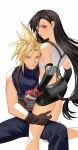  1boy 1girl bare_legs bare_shoulders belt black_hair black_skirt blonde_hair blue_eyes blush brown_gloves clenched_hand cloud_strife couple crop_top detached_sleeves duoj_ji earrings elbow_pads eyelashes final_fantasy final_fantasy_vii fingerless_gloves gloves highres jewelry light_smile lips long_hair looking_at_viewer low-tied_long_hair miniskirt parted_lips red_eyes red_gloves sitting skirt sleeveless sleeveless_turtleneck spiked_hair suspender_skirt suspenders sweater tank_top tifa_lockhart turtleneck turtleneck_sweater white_background white_tank_top 