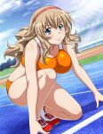  1girl aqua_eyes bangs bare_arms breasts buruma cleavage closed_mouth collarbone day dutch_angle floating_hair hair_between_eyes hairband ikkitousen large_breasts light_brown_hair long_hair one_knee orange_buruma orange_sports_bra outdoors red_hairband shiny shiny_hair shiny_skin shoes sneakers solo sonken_chuubou sports_bra sportswear 