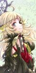  1girl ahoge bangs black_feathers blonde_hair bodystocking breasts circlet ebi_puri_(ebi-ebi) feathers fire_emblem fire_emblem_fates fire_emblem_heroes from_side grey_eyes hair_ornament highres long_hair looking_at_viewer medium_breasts official_alternate_costume ophelia_(fire_emblem) portrait puffy_sleeves shoulder_pads smile solo swept_bangs 