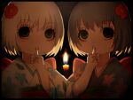  2girls bangs black_background black_border black_hair black_kimono border candle closed_mouth commentary_request finger_to_mouth floral_print flower grey_eyes hair_flower hair_ornament highres hoozuki_no_reitetsu ichiko_(hoozuki_no_reitetsu) japanese_clothes kimono kuro_kosyou multiple_girls niko_(hoozuki_no_reitetsu) obi print_kimono red_flower sash short_hair shushing upper_body white_hair white_kimono zashiki-warashi 