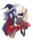  1girl alternate_costume blue_eyes blue_hair breasts broom cape detached_sleeves fire_emblem fire_emblem_awakening full_moon hair_between_eyes halloween halloween_costume hat high_heels highres long_hair long_sleeves looking_at_viewer lucina_(fire_emblem) medium_breasts midriff moon pomelomelon smile smug solo symbol-shaped_pupils thighhighs very_long_hair wide_sleeves witch witch_hat 