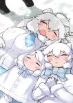  3girls animal_ears arctic_fox_(kemono_friends) arctic_hare_(kemono_friends) blue_bow blue_bowtie blue_eyes blush bow bowtie cape closed_eyes coat commentary_request elbow_gloves fang fox_ears fox_girl fur_trim gloves highres kemono_friends lion_ears lion_girl long_hair lying multiple_girls on_back one_eye_closed open_mouth plaid_trim rabbit_ears rabbit_girl rinx shirt short_hair short_sleeves sidelocks snow t-shirt white_cape white_coat white_fur white_gloves white_hair white_lion_(kemono_friends) white_mittens white_shirt 