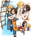  1boy 1girl bangs bare_shoulders belt_buckle blonde_hair blue_eyes blue_pants bodysuit boots brown_eyes brown_hair buckle carrying carrying_person choker couple final_fantasy final_fantasy_ix garnet_til_alexandros_xvii gloves grey_gloves hand_on_another&#039;s_face jewelry kiss kissing_hand leg_belt long_hair long_sleeves looking_at_another low-tied_long_hair multiple_views one_knee open_mouth orange_bodysuit pants parted_bangs pendant puffy_long_sleeves puffy_sleeves red_footwear red_gloves rope_ladder shirt short_hair tail tooru_(jux) zidane_tribal 