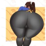  1girl apron ass ass_focus bent_over brown_hair ear_piercing earrings fraankyy from_behind game_freak highres huge_ass jewelry mature_female paldea_mother pants piercing pokemon pokemon_(game) pokemon_sv scrunchie shirt smile solo spoon tight tight_pants yellow_apron 