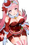  1girl absurdres bare_shoulders breasts ceroccb cleavage dress fire_emblem fire_emblem:_three_houses fire_emblem_heroes from_above fur-trimmed_gloves fur_choker fur_trim gloves highres hilda_valentine_goneril large_breasts long_hair looking_at_viewer official_alternate_costume pink_eyes pink_hair pink_lips red_dress sitting smile solo striped striped_thighhighs thighhighs thighs twintails vertical-striped_thighhighs vertical_stripes white_gloves 