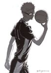  1boy ball cowboy_shot glasses greyscale haikyuu!! highres holding holding_ball karasuno_volleyball_uniform kinsatsu_(grizzled) lips looking_at_viewer male_focus monochrome parted_lips short_hair short_sleeves shorts solo sportswear standing tsukishima_kei volleyball volleyball_uniform 